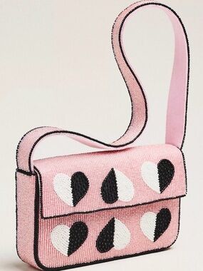 Anthropologie Fiona Pink Beaded Heart Patch Crossbody Bag